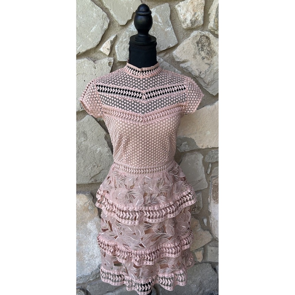 Y.A.S. Dress Size Small Coral Pink Fit Flare Crochet Lace Embroidered Excellent